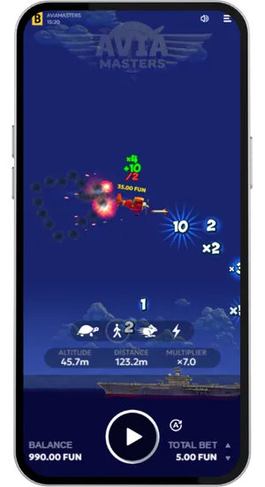 Aviamasters plane in mid-air firing at enemy targets with multiplier bonuses and explosion effects on screen