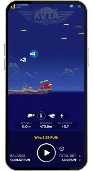 Aviamasters plane touching down on the aircraft carrier after a successful round with the win amount shown on screen